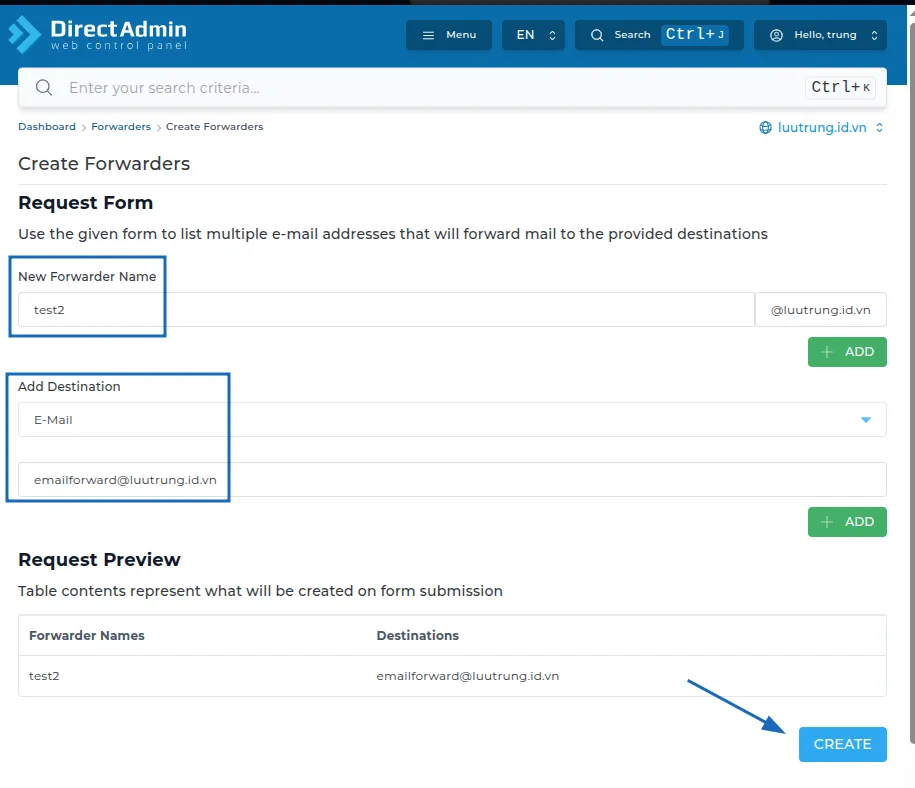 Bước 2: Cấu hình email forwarder
