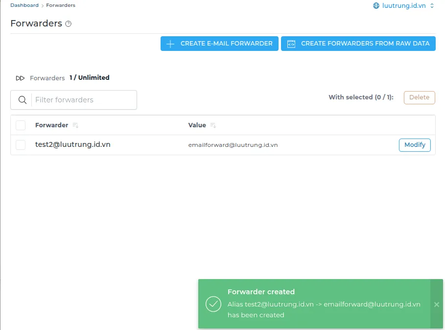 Bước 2: Cấu hình email forwarder