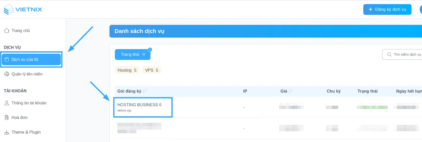 Chọn gói hosting chứa tên miền muốn chuyển hướng