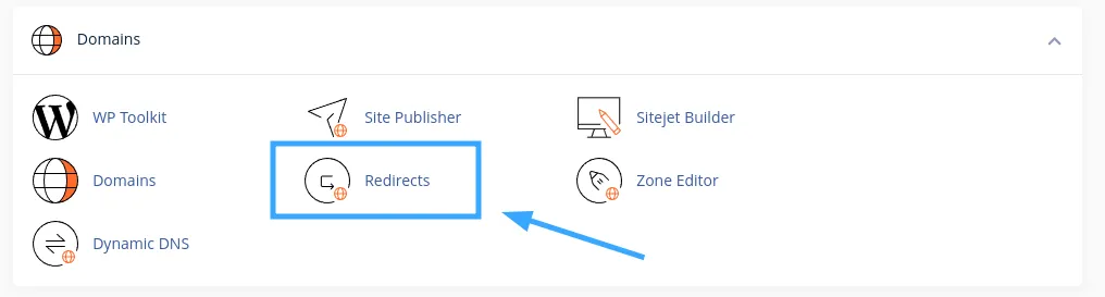 Chọn Redirects để thực hiện chuyển hướng tên miền cũ sang tên miền mới
