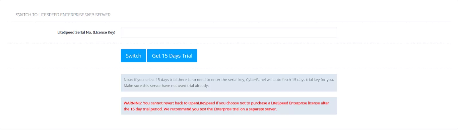 Điền thông tin License để chuyển từ OpenLiteSpeed sang LiteSpeed Enterprise trên CyberPanel