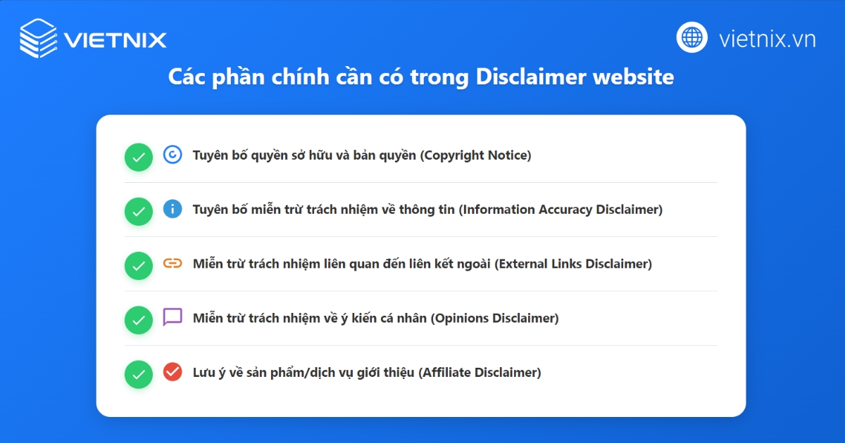 Các phần chính cần có trong một Disclaimer cơ bản cho website