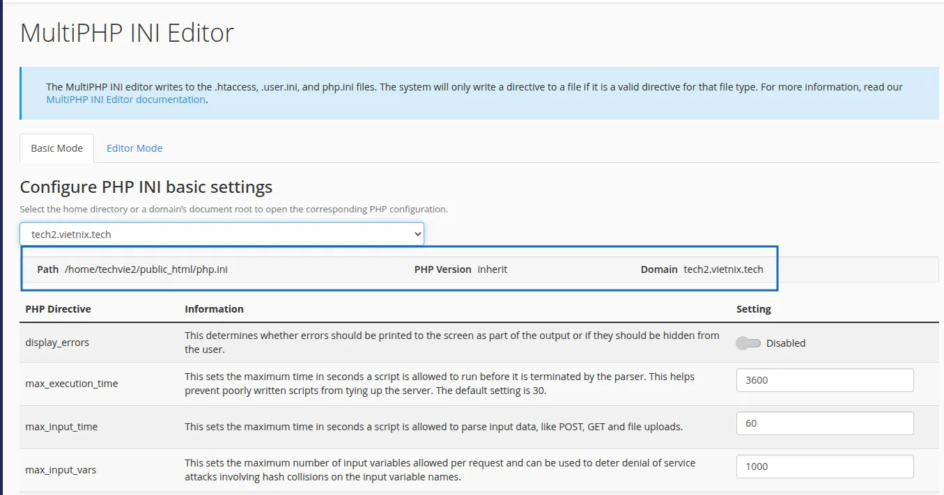 Dòng PHP Version inherit bên cạnh tên miền