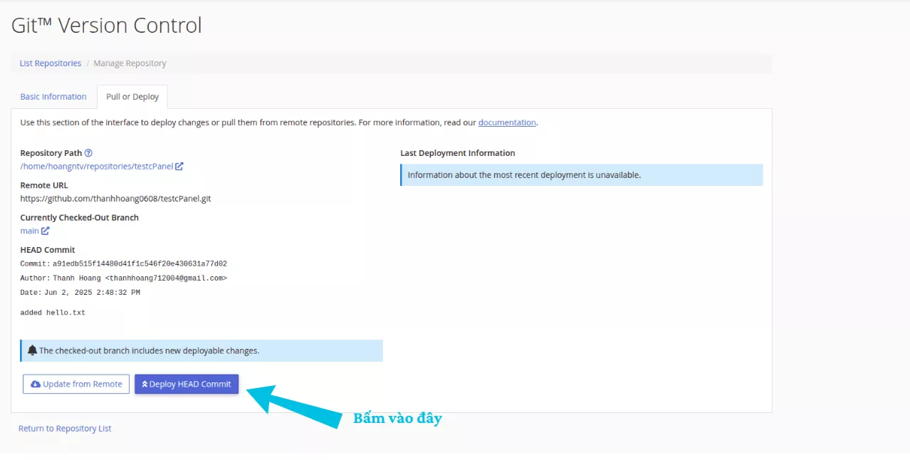 Nhấp vào Deploy HEAD Commit 
