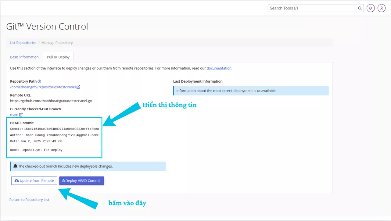 nhấp vào nút Deploy HEAD Commit 