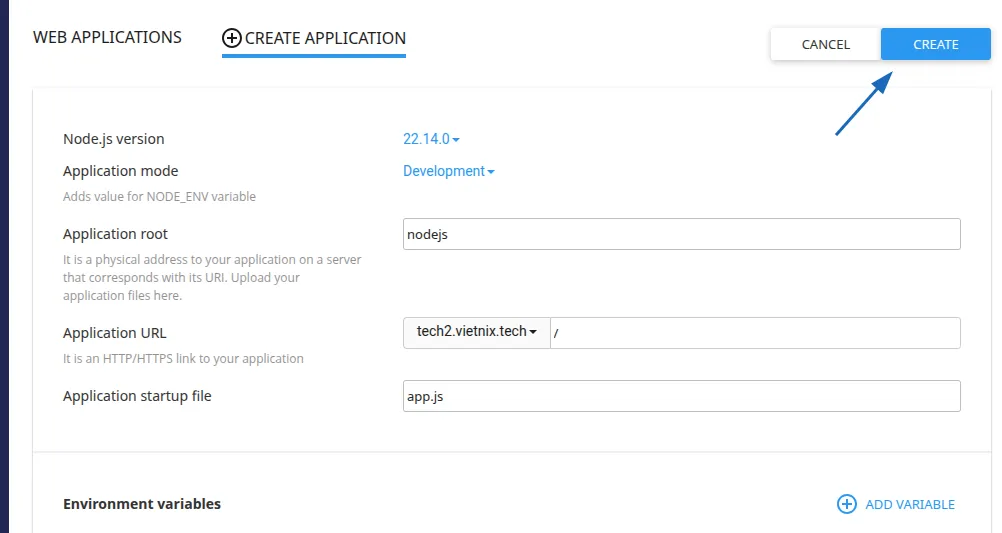 Nhấp vào nút CREATE để khởi tạo ứng dụng