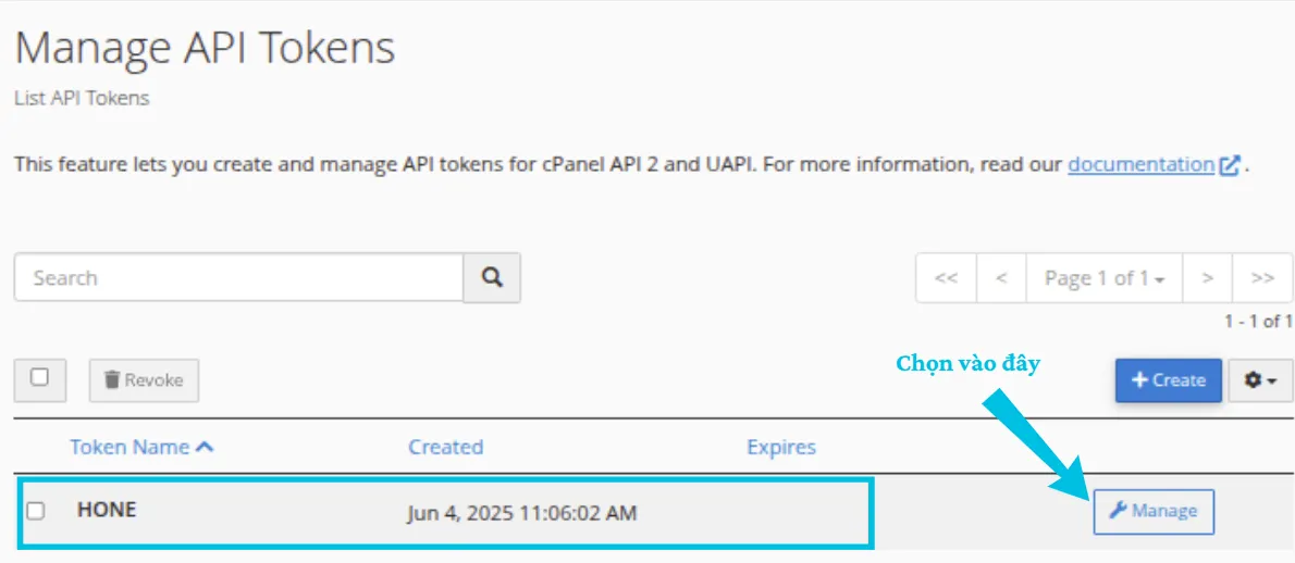 Quản lý các API Tokens đã tạo
