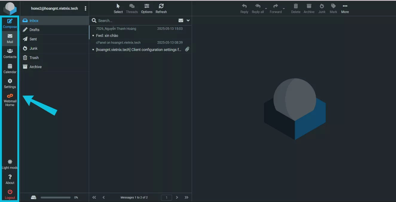 Giao diện chính của Roundcube webmail 