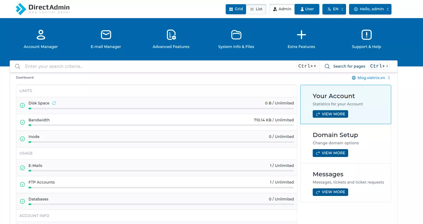 Trang quản trị DirectAdmin hoạt động bình thường sau khi fix lỗi 