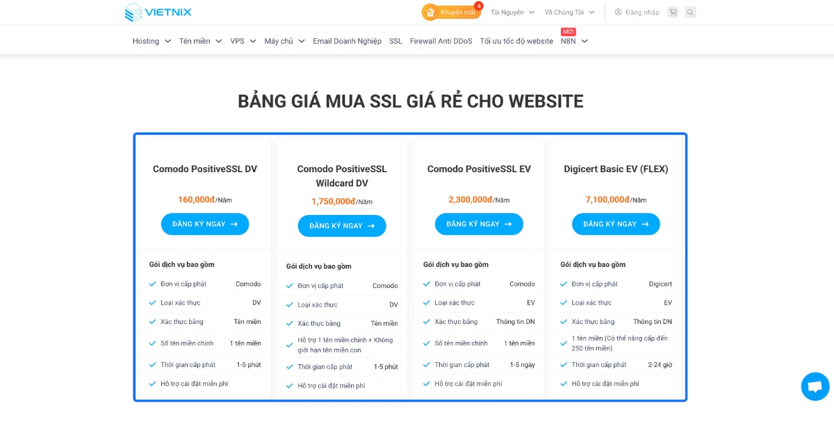 Tham khảo thông tin các gói SSL và chọn gói phù hợp