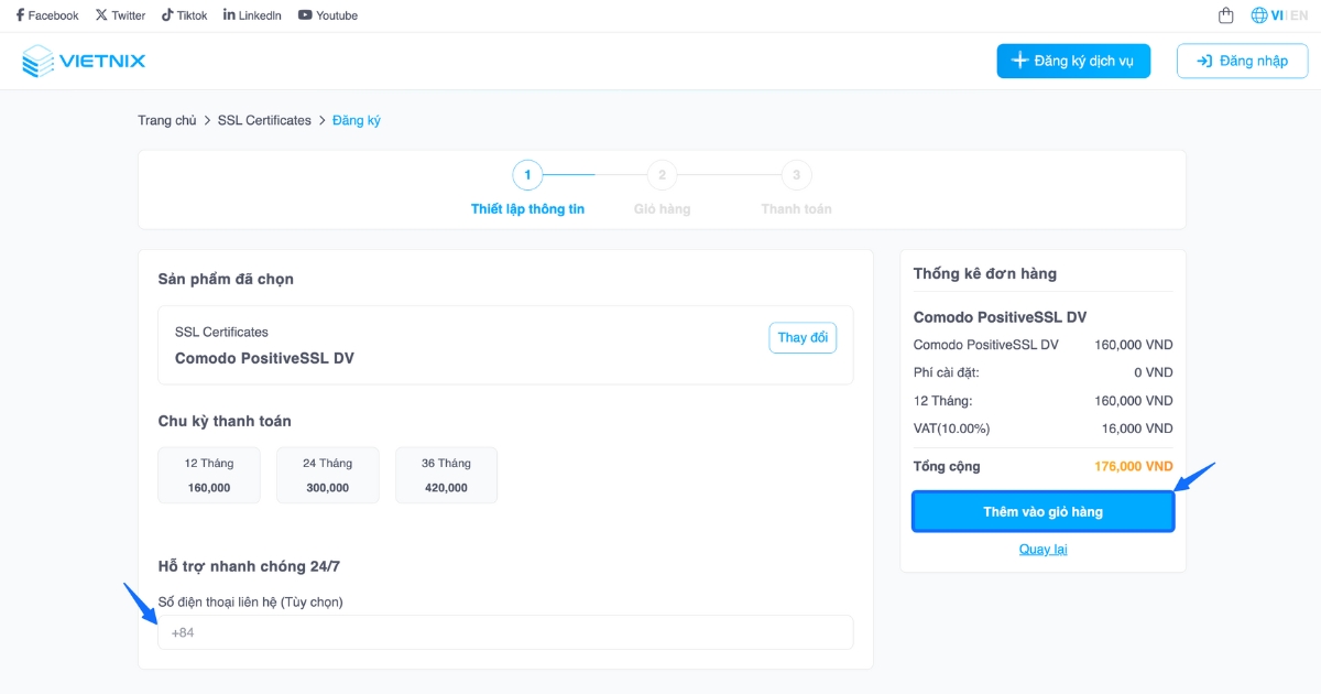 Thêm Số điện thoại và chọn Thêm vào giỏ hàng