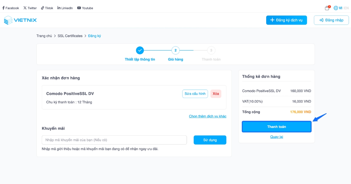 Thêm Mã khuyến mãi (nếu có) và bấm Thanh toán