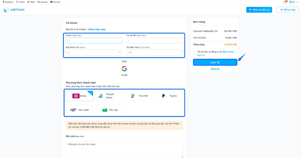 Điền thông tin và chọn phương thức thanh toán