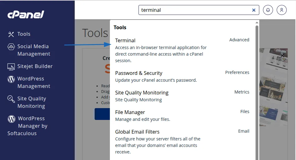 Mở Terminal trong cPanel
