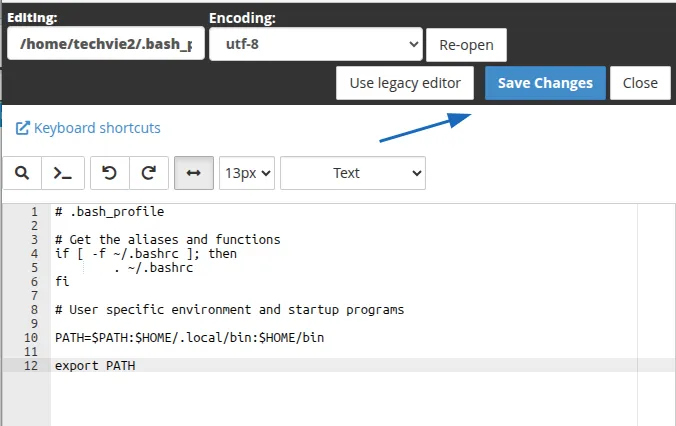 Thực hiện tương tự cho file .bashrc