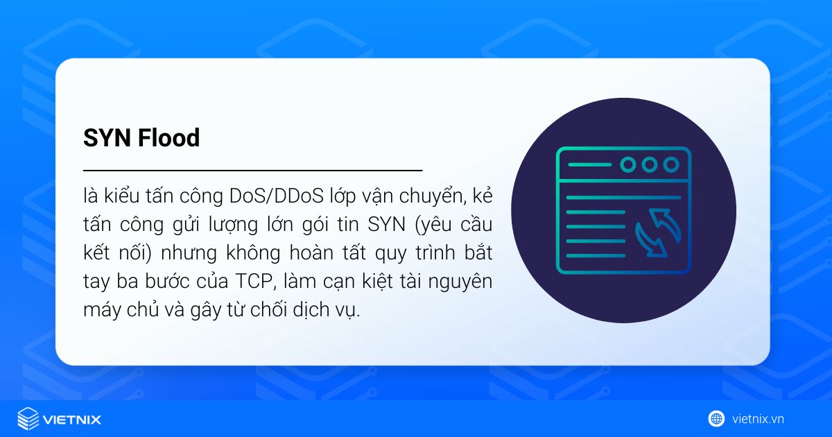 Tìm hiểu về DDoS SYN flood và cách giảm thiểu tấn công 27 Tấn công SYN flood là một dạng tấn công từ chối dịch vụ (DoS/DDoS) phổ biến