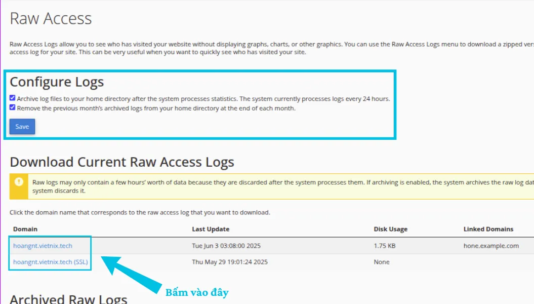 Tải xuống file Raw Access Logs