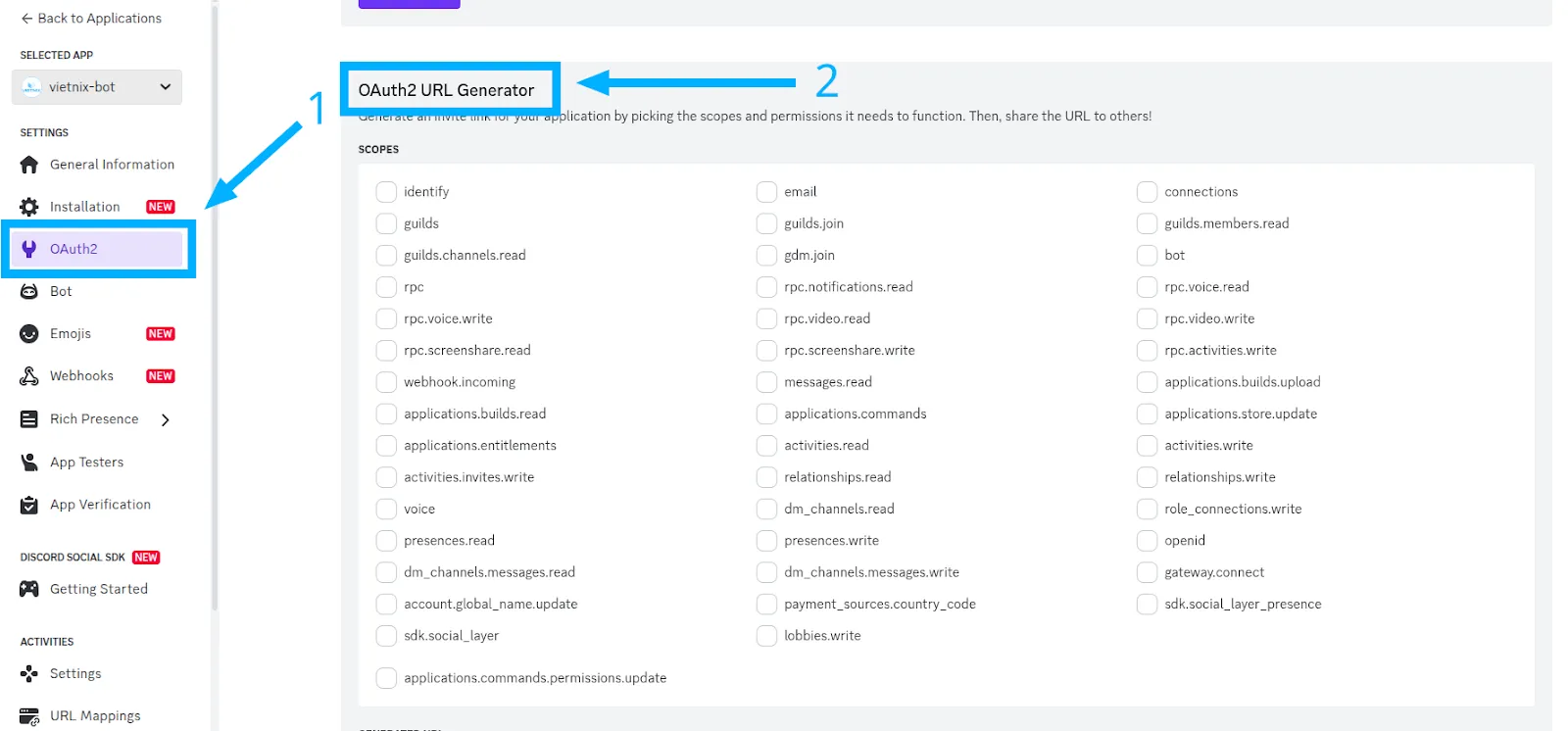 Chọn OAuth2 URL Generator