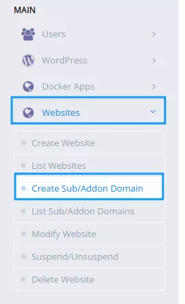 Chọn Create Sub/Addon Domain 