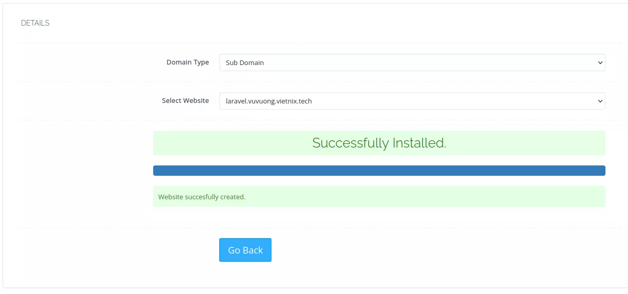 Tạo subdomain trên CyberPanel thành công 