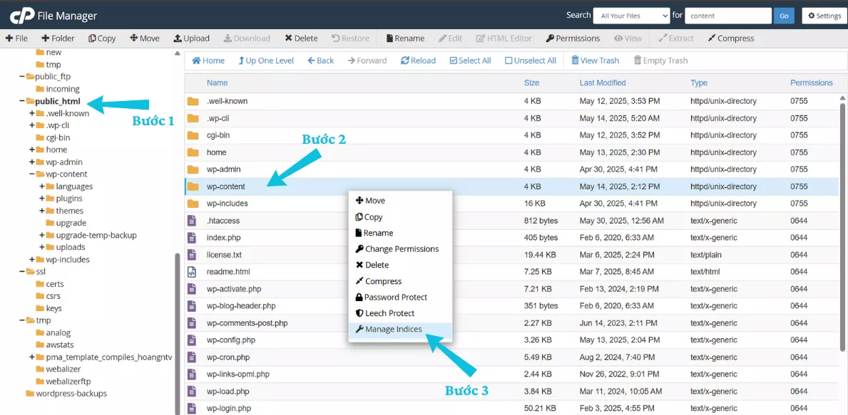 chọn Manage Indices 