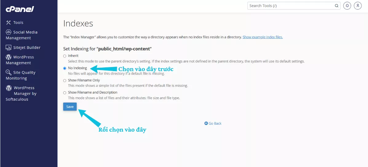 Chọn No Indexing để tắt index thư mục trong cPanel