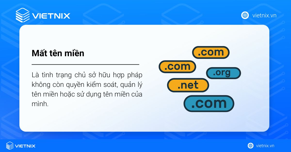 Mất tên miền là tình trạng chủ sở hữu hợp pháp không còn quyền kiểm soát, quản lý tên miền hoặc sử dụng tên miền của mình