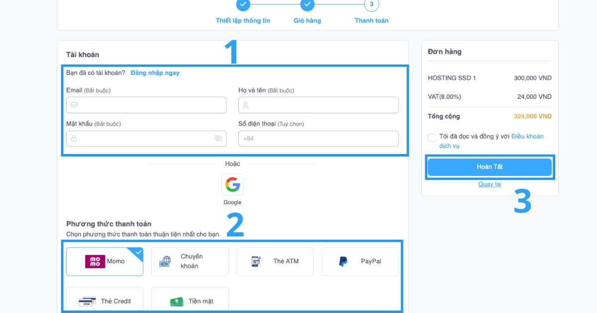 Nhập thông tin cá nhân và thanh toán