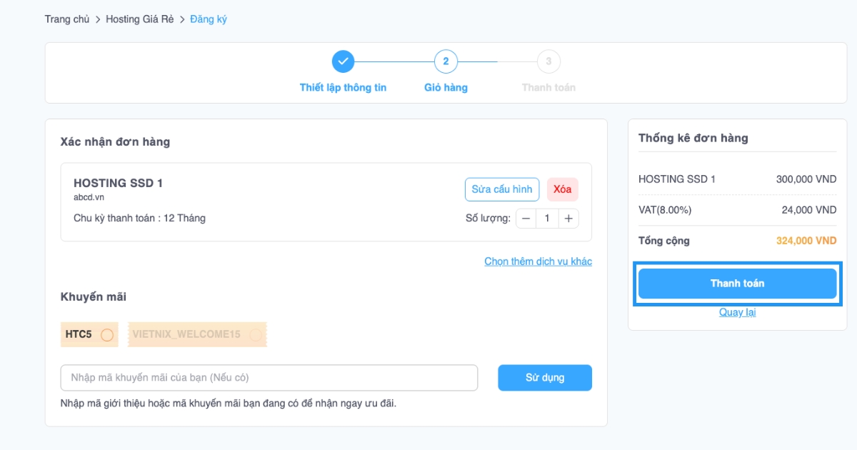 Bạn kiểm tra lại thông tin, chọn mã khuyến mãi nếu có và nhấn Thanh toán