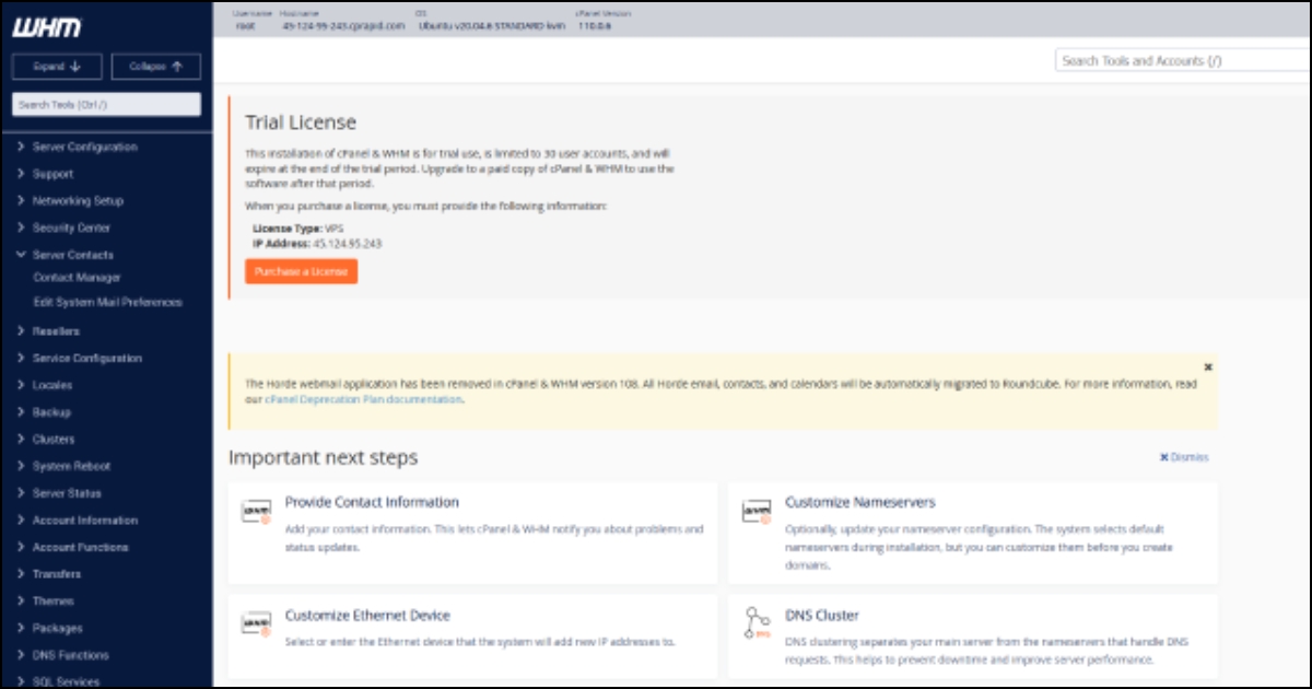Hoàn tất và bạn sẽ được chuyển đến giao diện chính của WHM