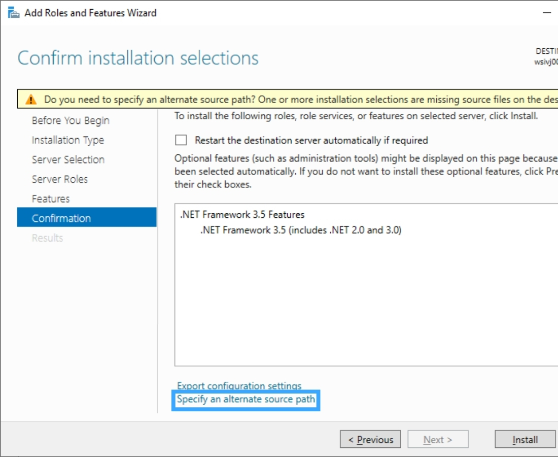 Bạn hãy nhấp vào liên kết màu xanh có nội dung Specify an alternate source path ở phía dưới cùng của cửa sổ