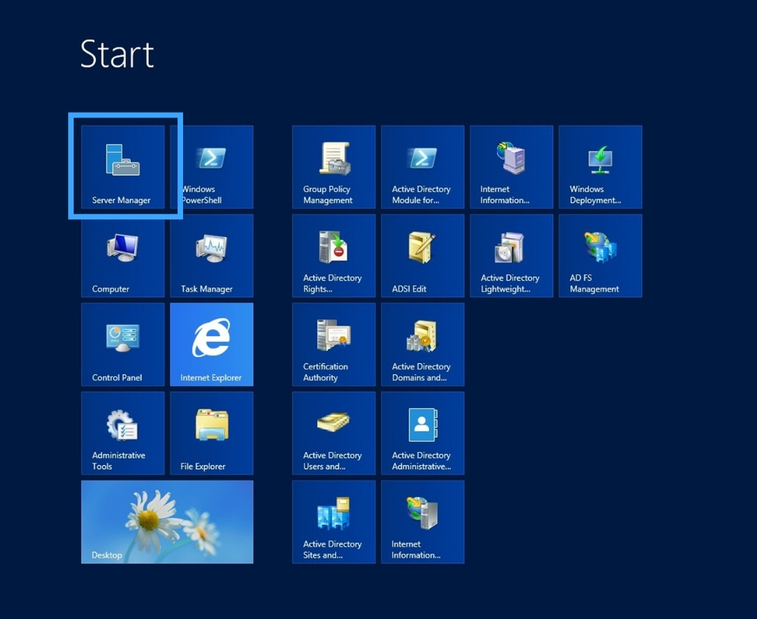Trên màn hình desktop, tìm và mở Server Manager