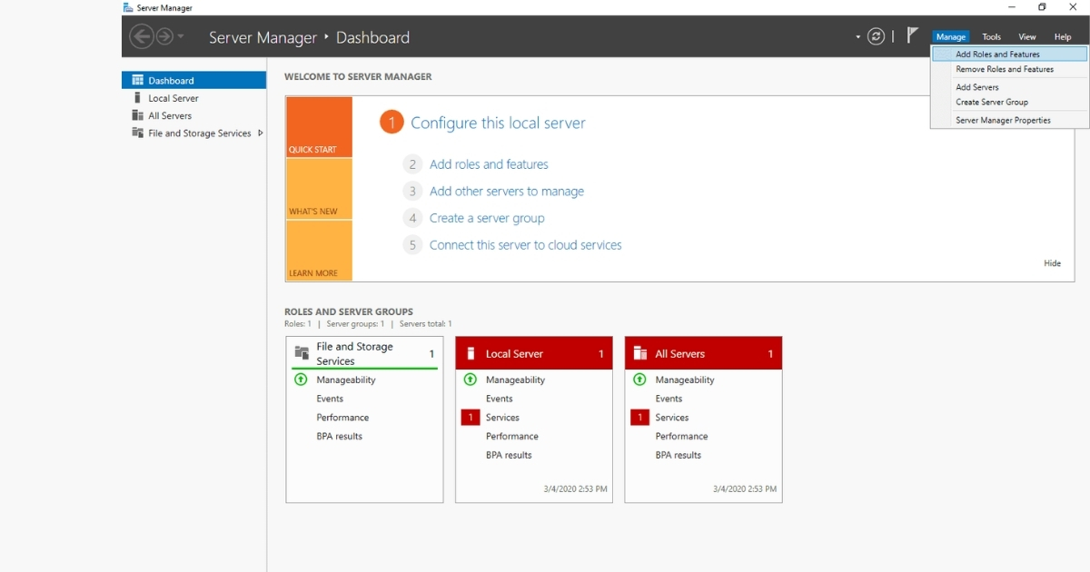 Domain Controller là gì? Chức năng, lợi ích và cách triển khai 53 Sau khi đặt IP cho máy làm Domain Controller, bạn mở Server Manager lên và chọn Add Roles and Features