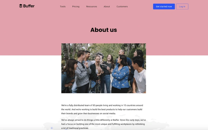 Cách viết trang giới thiệu cho website chuyên nghiệp và thu hút 36 Hình ảnh đội ngũ của Buffer tạo sự gần gũi và xây dựng niềm tin