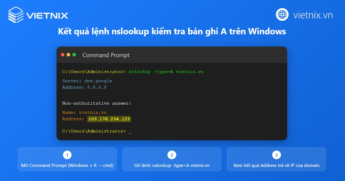 Cửa sổ Command Prompt đang thực thi lệnh nslookup