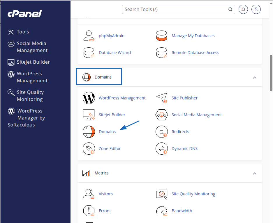 Bạn chọn Domains trong phần DOMAINS.