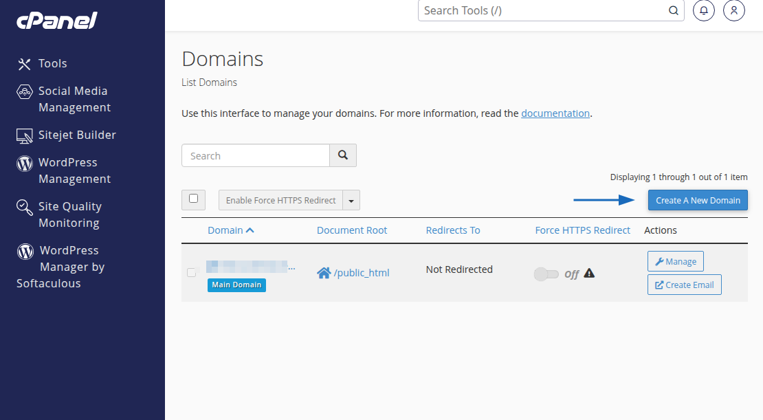 Bạn chọn Create A New Domain để tạo Addon Domain