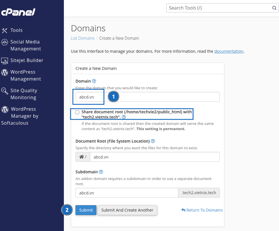 Nhập Addon Domain muốn trỏ về website