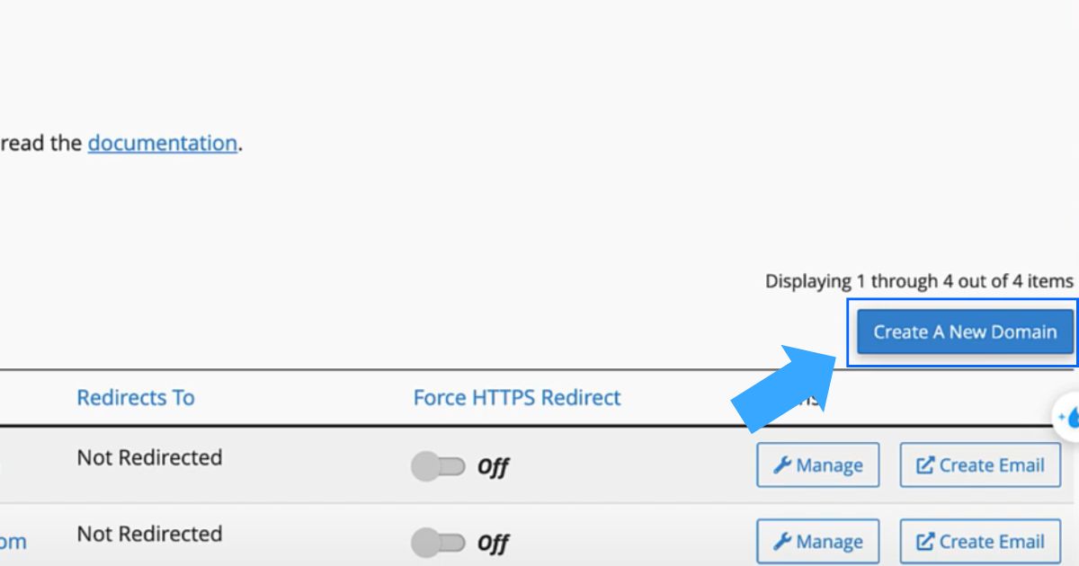 Trong giao diện tạo Domains, bạn cần nhấn vào Create A New Domain