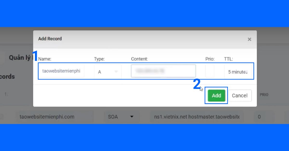 Cuối cùng, bạn cần nhấn nút Add để hoàn tất việc cấu hình bản ghi DNS cho subdomain