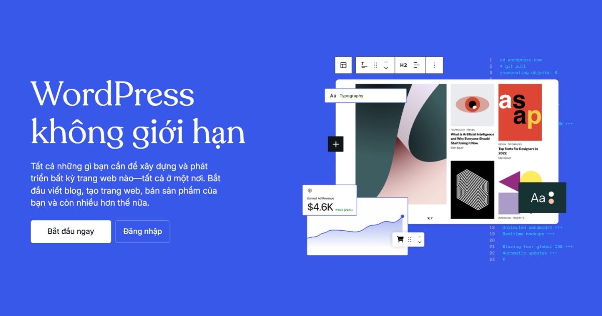 Truy cập vào trang WordPress thông qua đường link tại đây, rồi click vào Bắt đầu ngay