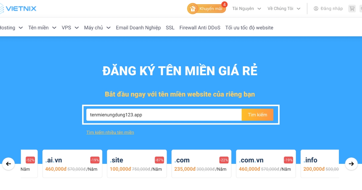 Trên trang chủ, bạn điền tên miền .app mong muốn vào ô tìm kiếm, sau đó nhấn nút Tìm kiếm.