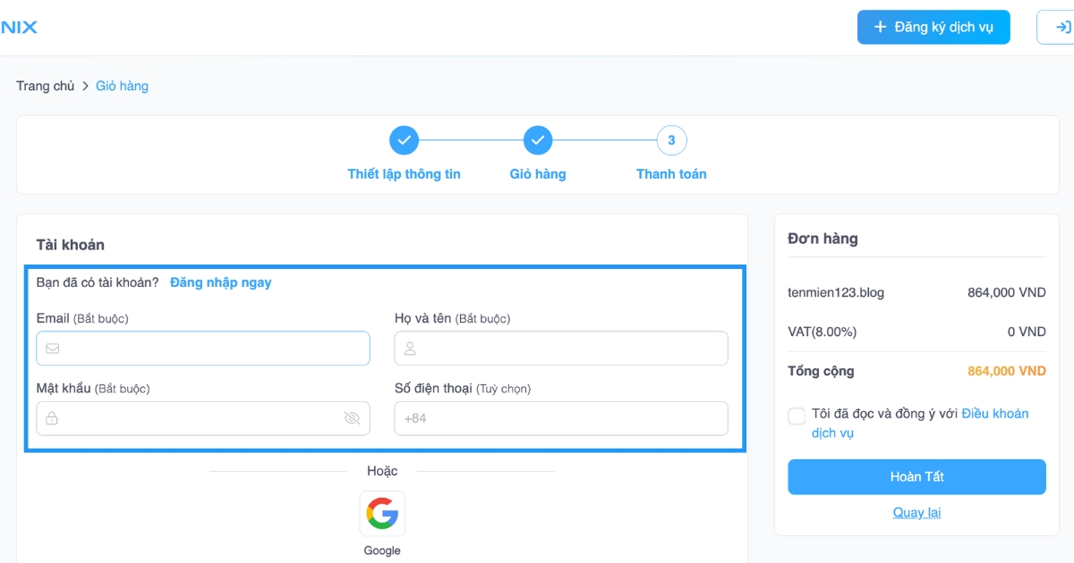 Để tiếp tục, bạn cần phải đăng nhập vào tài khoản Vietnix