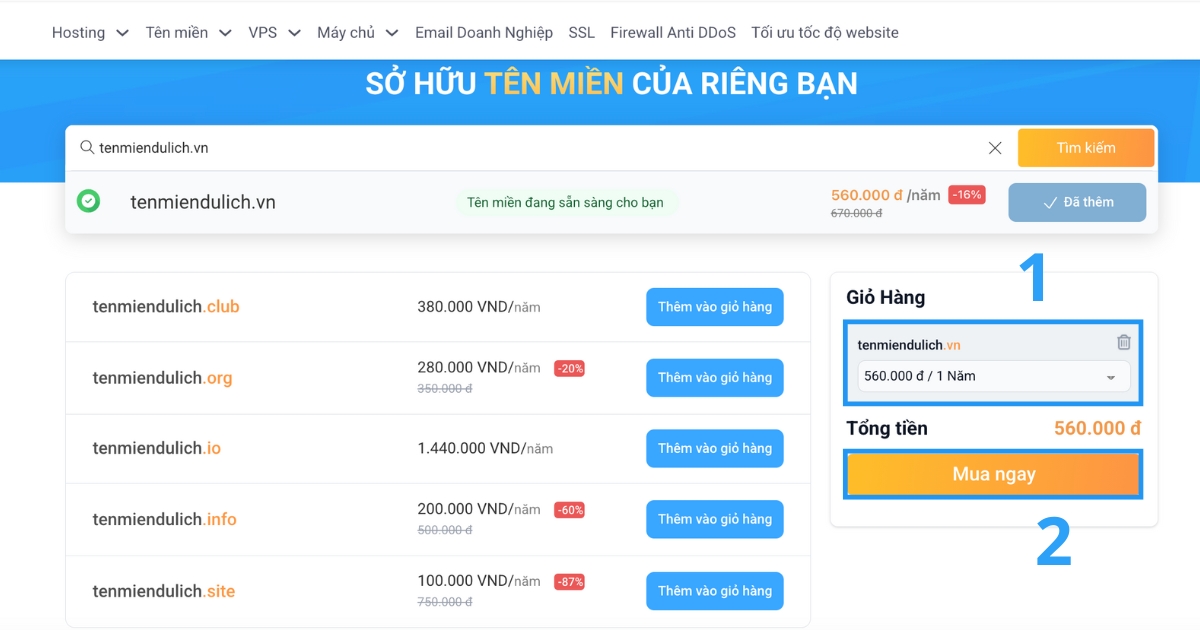 Cách chọn tên miền cho ngành du lịch phù hợp, dễ nhớ 21 Chọn thời hạn đăng ký tên miền rồi nhấn Mua ngay