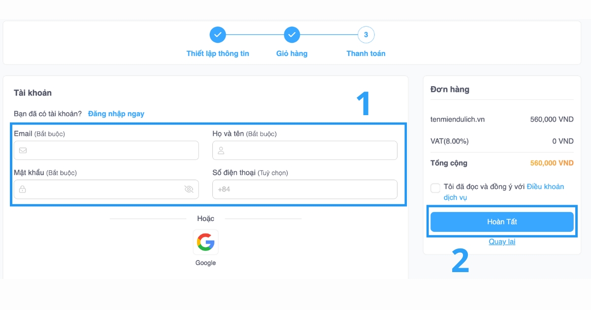 Cách chọn tên miền cho ngành du lịch phù hợp, dễ nhớ 22 Điền đầy đủ và chính xác thông tin được hiển thị trên các mục yêu cầu của Vietnix rồi nhấn Hoàn tất