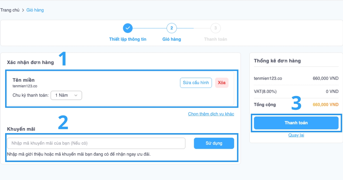 Tên miền .CO là gì? So sánh tên miền .CO với .COM và cách đăng ký chi tiết 43 Sau khi xác nhận đơn hàng, bạn nhấn Thanh toán.