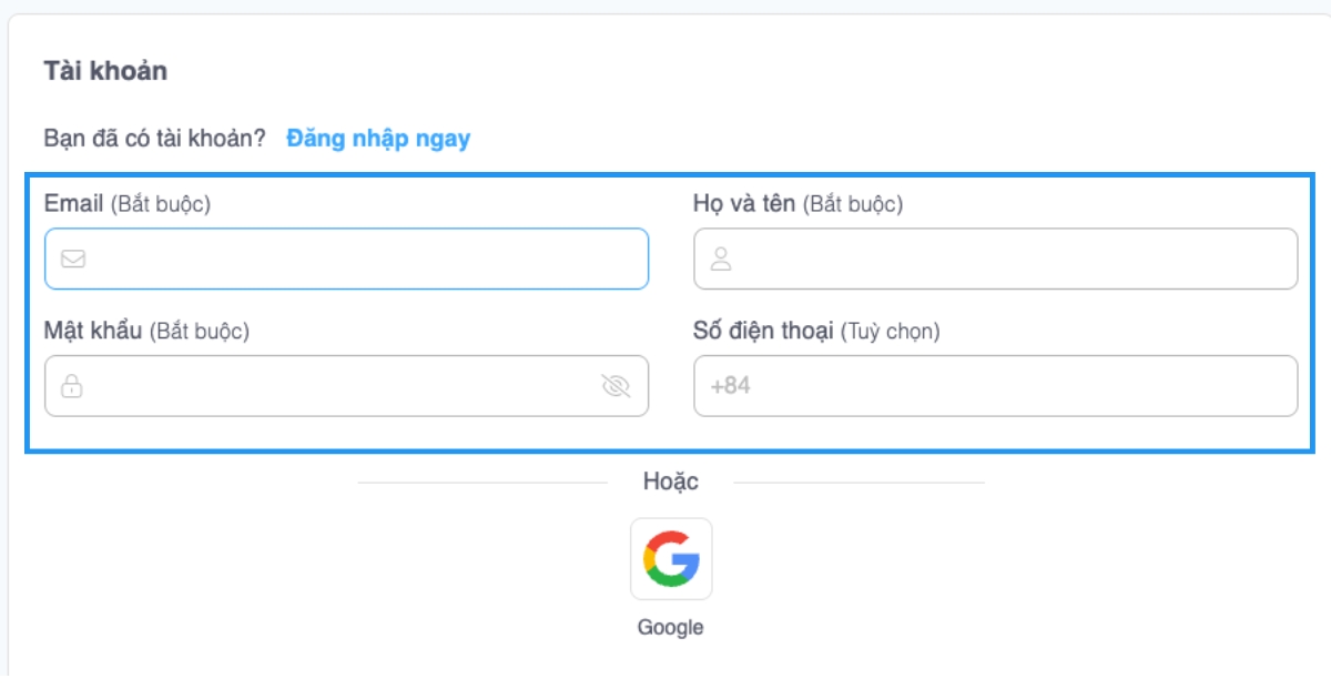 Ở bước này, bạn đăng nhập hoặc đăng ký tài khoản