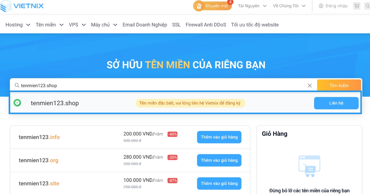 Hệ thống sẽ hiện lên dòng thông báo "Tên miền đặc biệt, vui lòng liên hệ Vietnix để đăng ký"