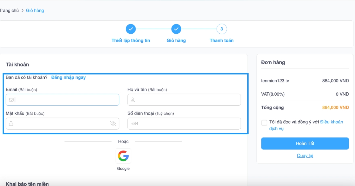 Để tiếp tục quá trình, bạn cần đăng nhập vào tài khoản Vietnix của mình