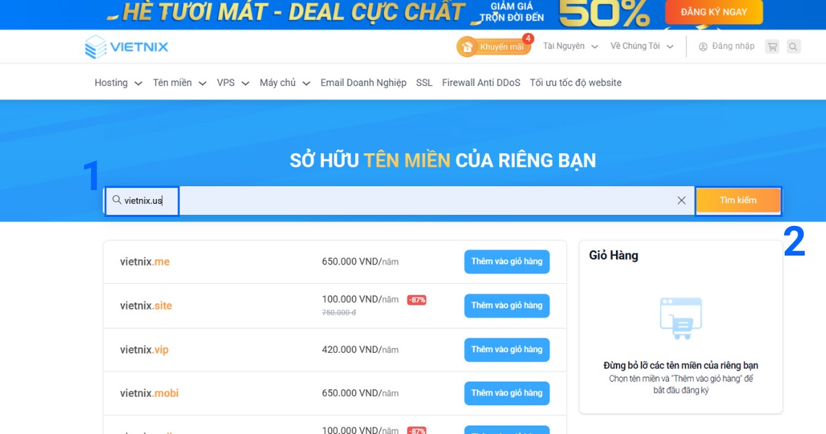 Bạn cần nhấn Tìm kiếm để kiểm tra tình trạng khả dụng của tên miền